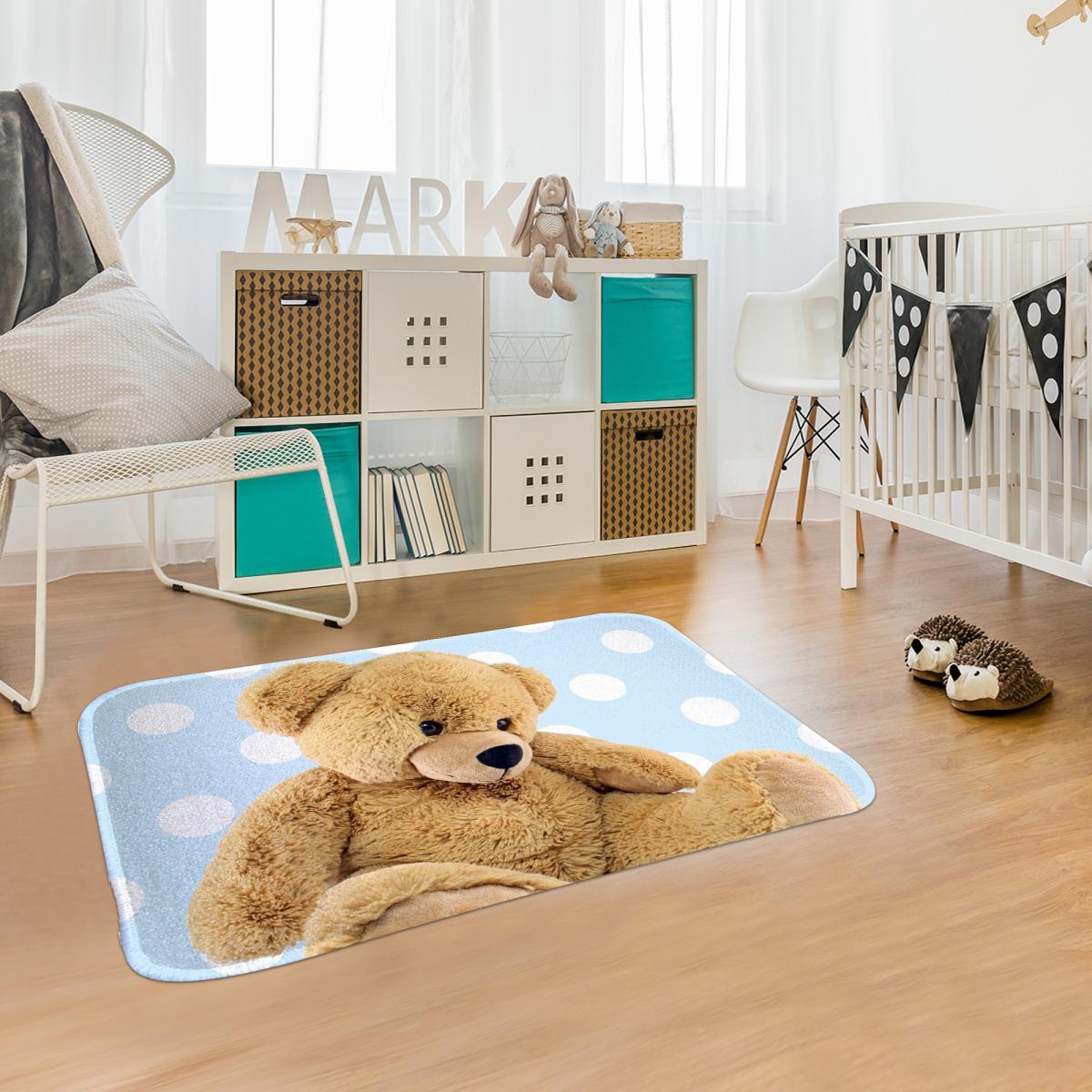 Tapis enfant tissé motif animaux DOUX TED bleu, UN AMOUR DE TAPIS
