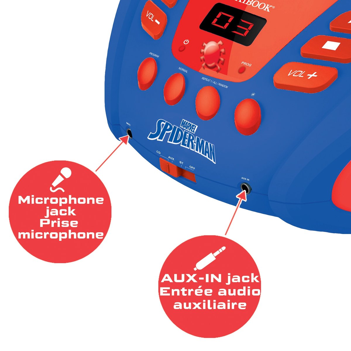 Lecteur CD Bluetooth Spider-Man bleu, LEXIBOOK