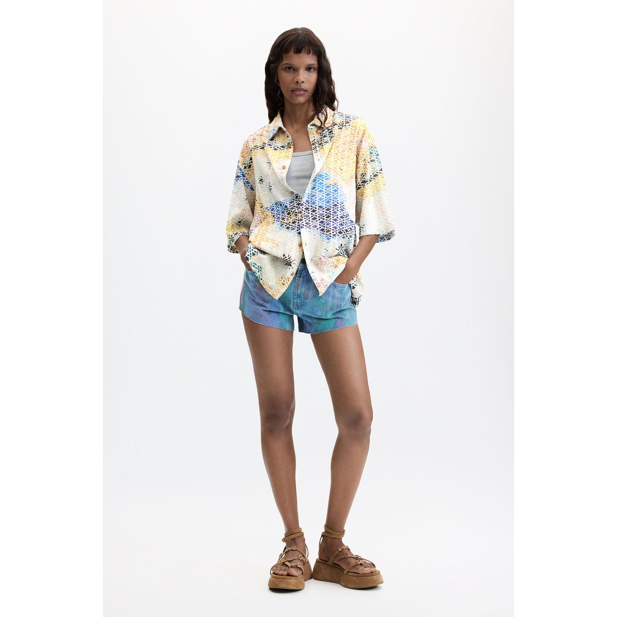 Chemise imprimée brodée beige, DESIGUAL