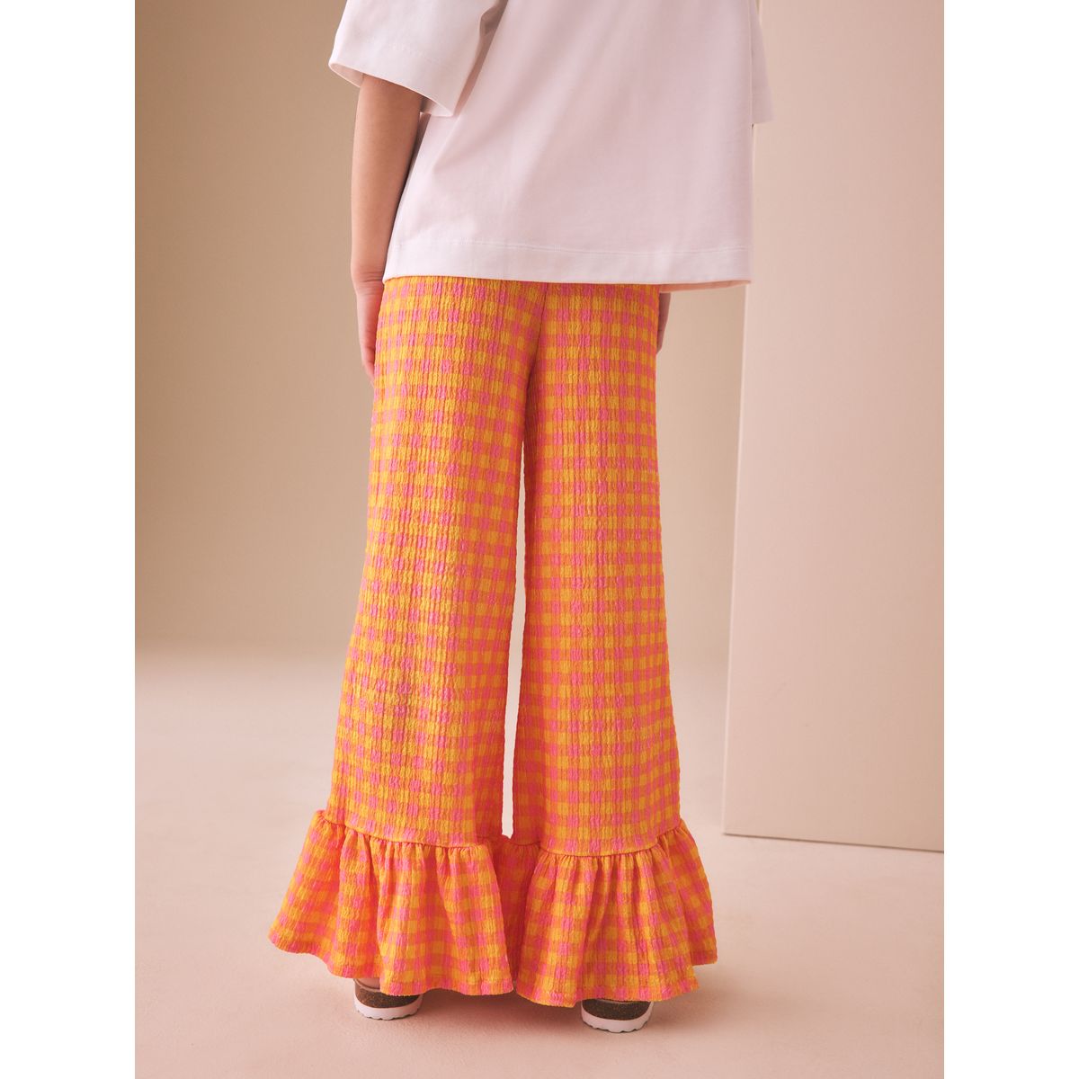 Pantalon texturé avec volants sur l’ourlet vichy rose et jaune, NEXT