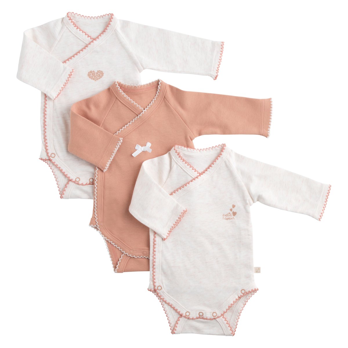 Bodies bébé manches longues en coton lot de 3 rose, SAUTHON