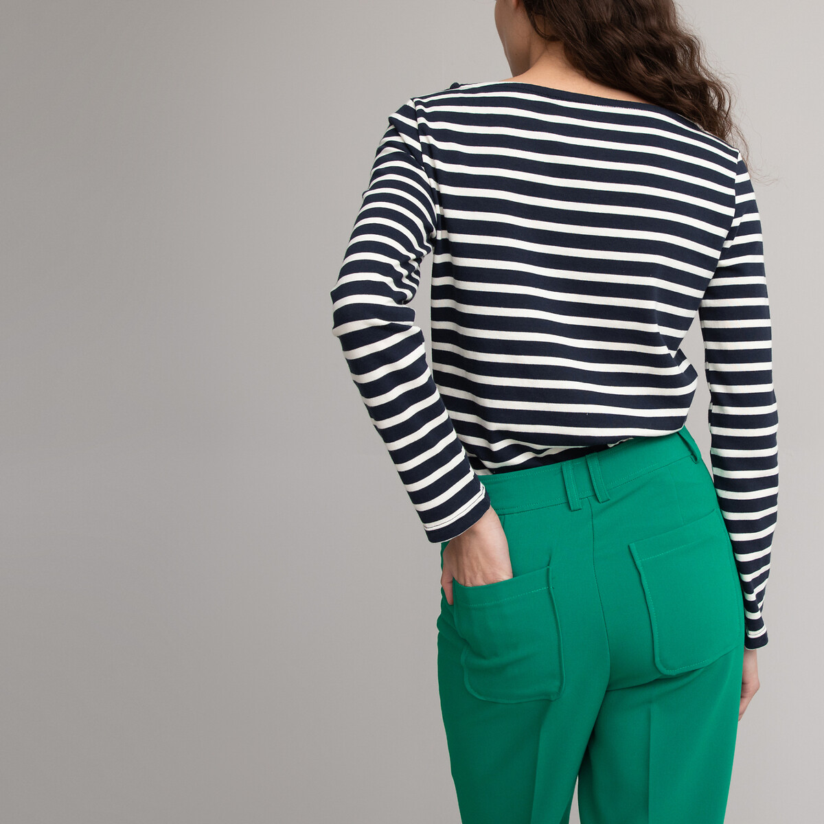 Striped Boat Neck T-Shirt with Long Sleeves navy with ecru stripes, LA REDOUTE COLLECTIONS