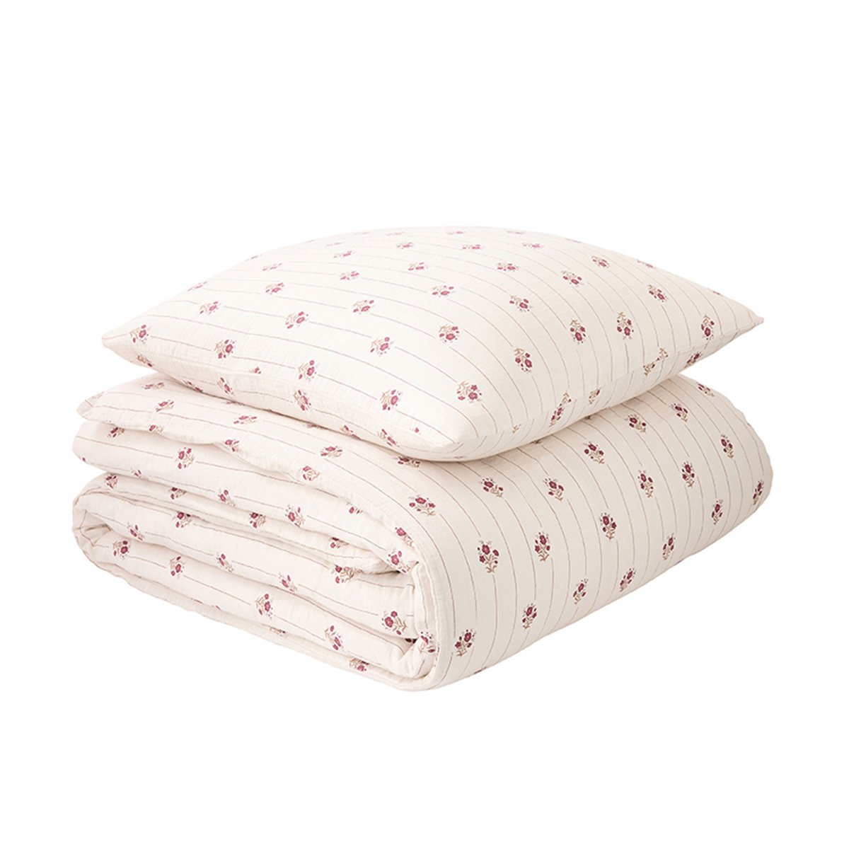 Parure de lit imprimée en gaze de coton, taies rectangles, ŒILLETS D'ORIENT rose clair, ESSIX
