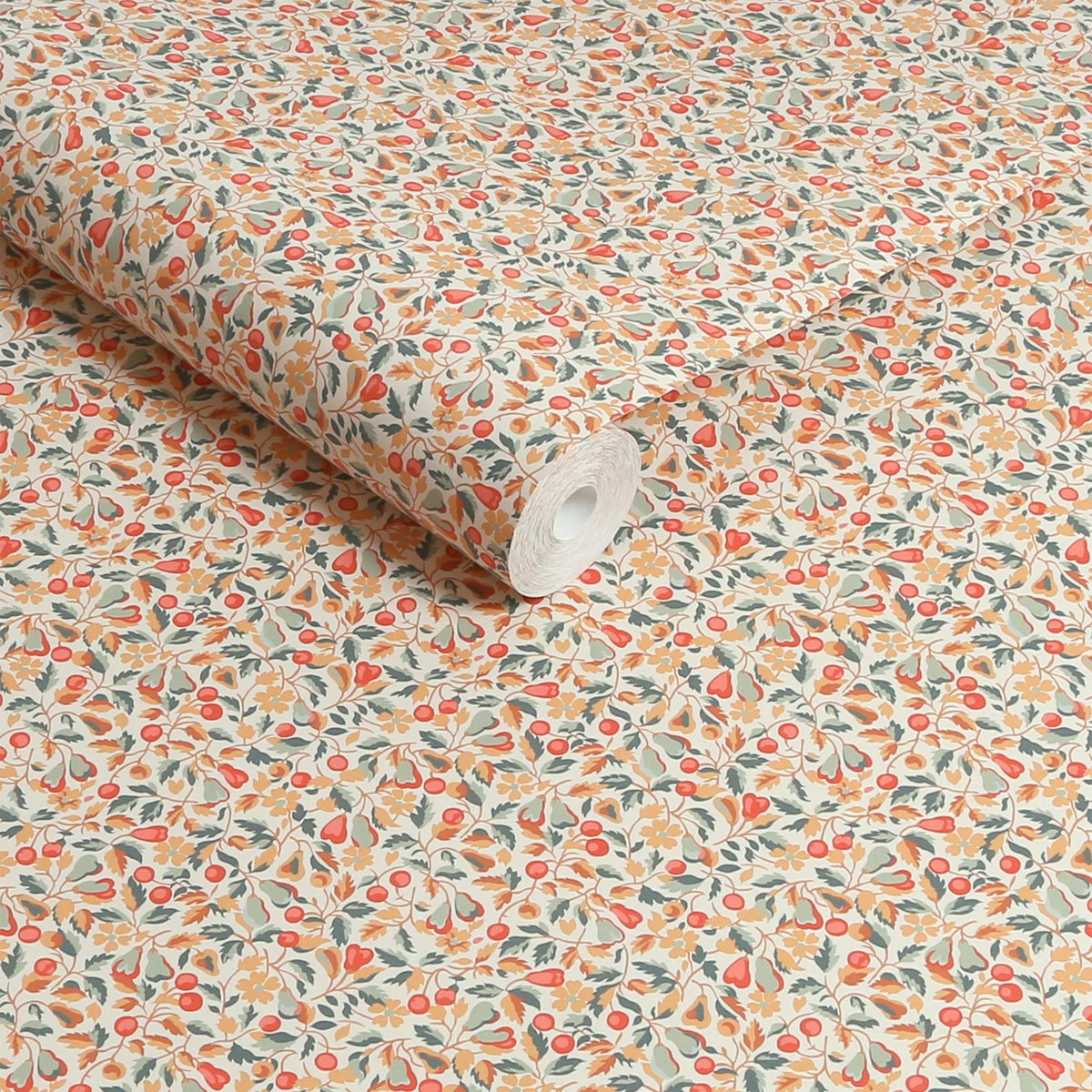 Papier peint liberty fleuri Devrins Grove ocre, vermillon, vert sauge, LAURA ASHLEY