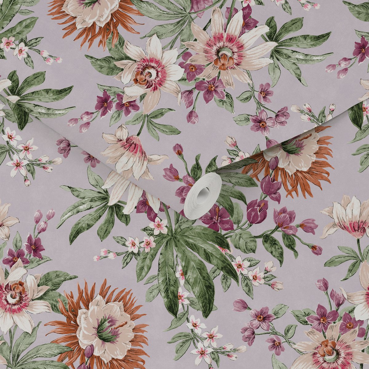 Papier peint Fleurs de la passion automne vert, sépia, violet et écru sur fond parme, BOUTIQUE
