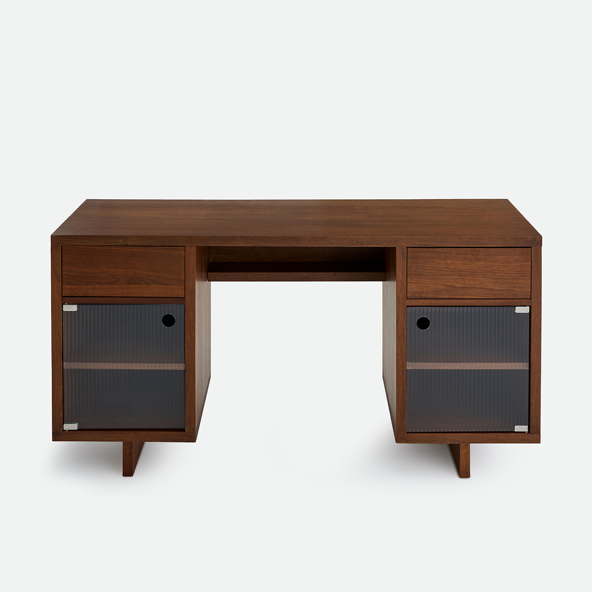 Bureau, plaqué noyer, portes verre strié, DELLO coloris noyer, LA REDOUTE INTERIEURS