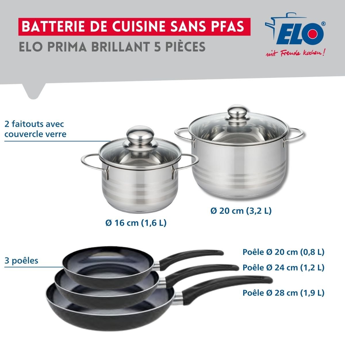 Batterie 3 poêles 20/24/28cm + 2 faitouts 16/20cm PRIMA BRILLANT noir, ELO