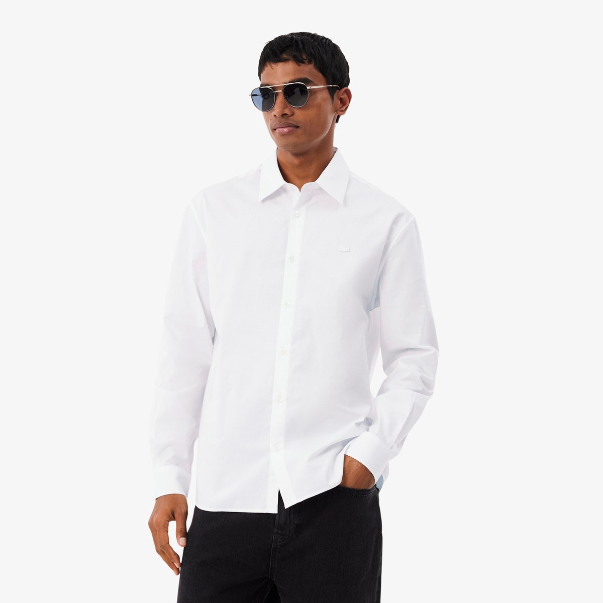 Chemise coton texturé regular fit blanc-001, LACOSTE