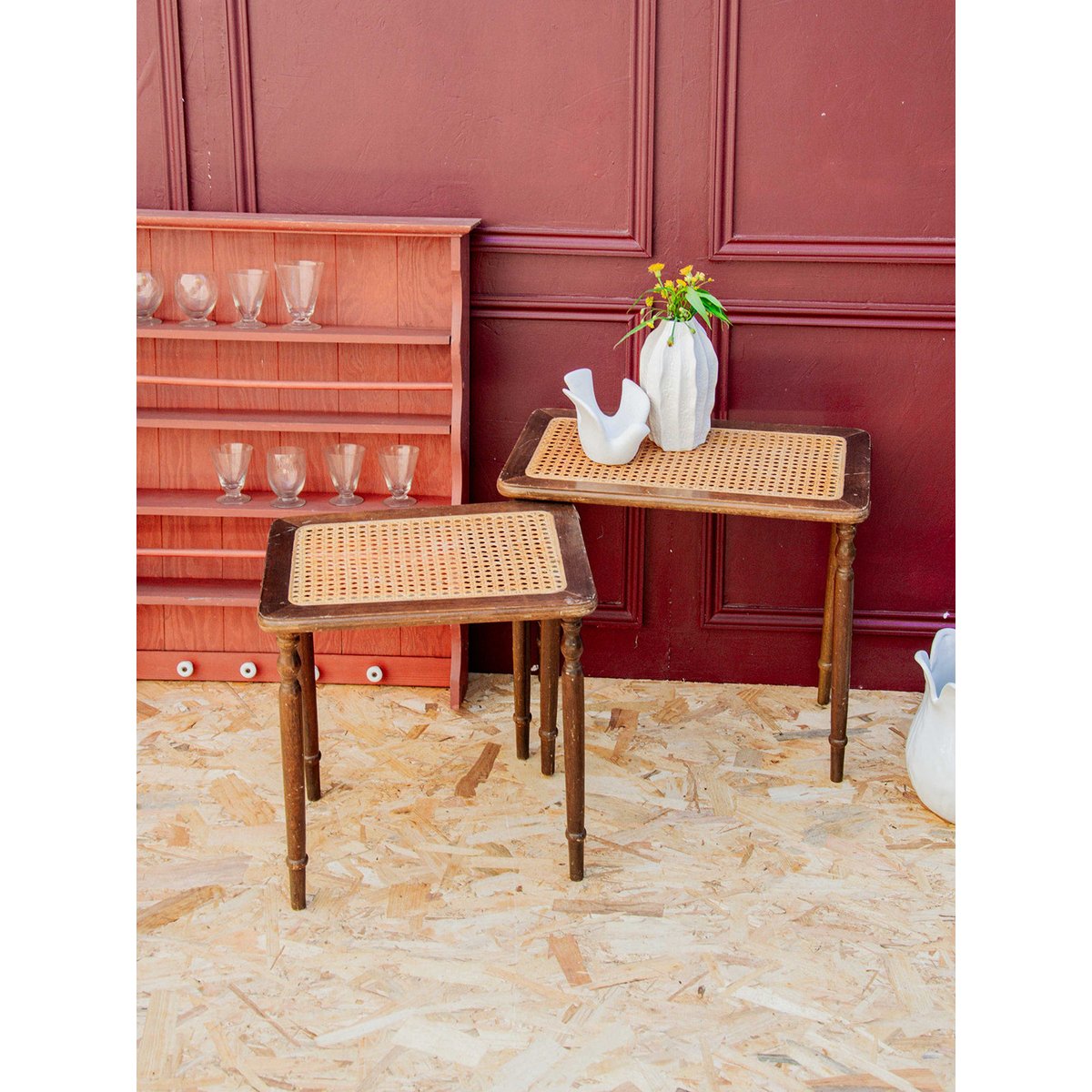 tables gigognes en cannage Barbara N°63 - Bon état bois, DEBONGOUT