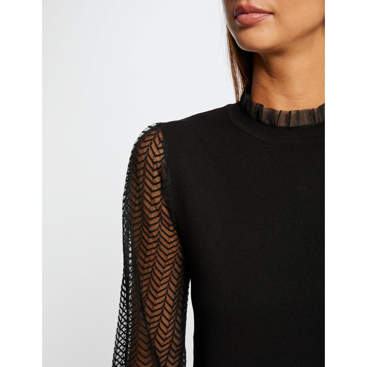 Pull col montant en fine maille noir, MORGAN