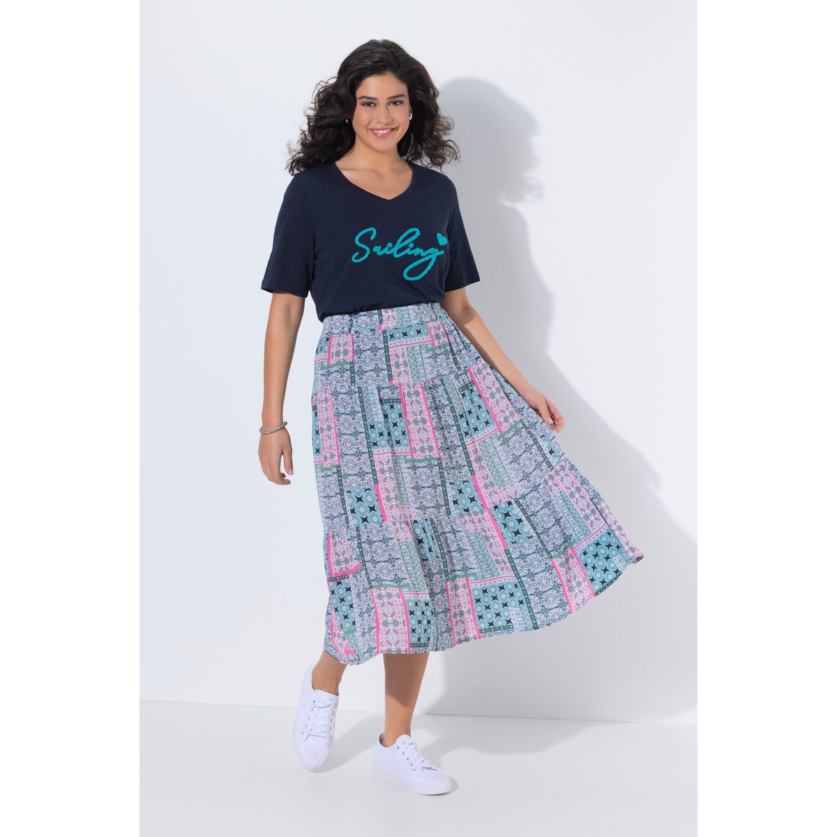 Jupe midi taille élastique et coupe évasée rose vif, ULLA POPKEN