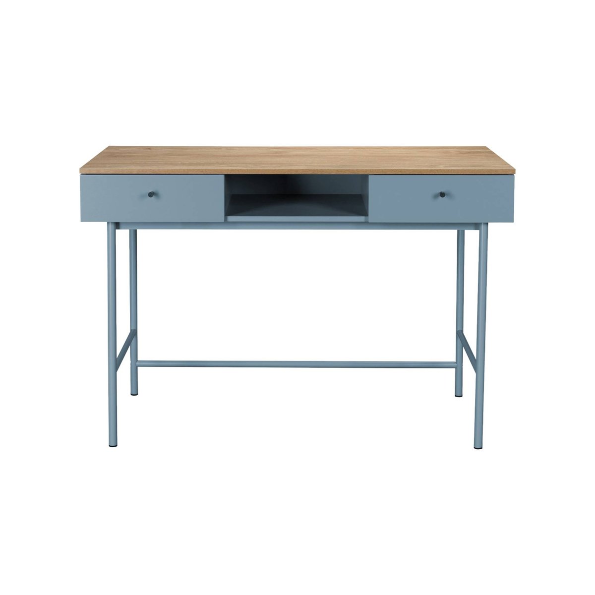 Bureau décor bois et fer 2 tiroirs 1 casier WILLIAM bleu, SWEEEK