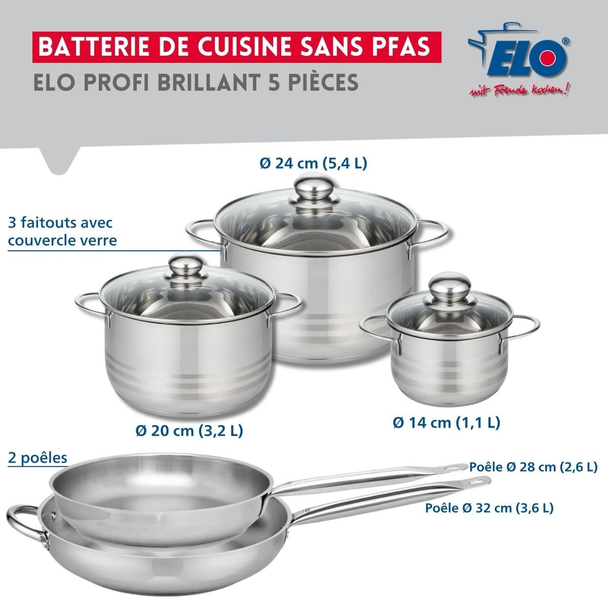 Batterie 2 poêles 28/32cm + 3 faitouts 14/20/24cm PROFI BRILLANT inox, ELO