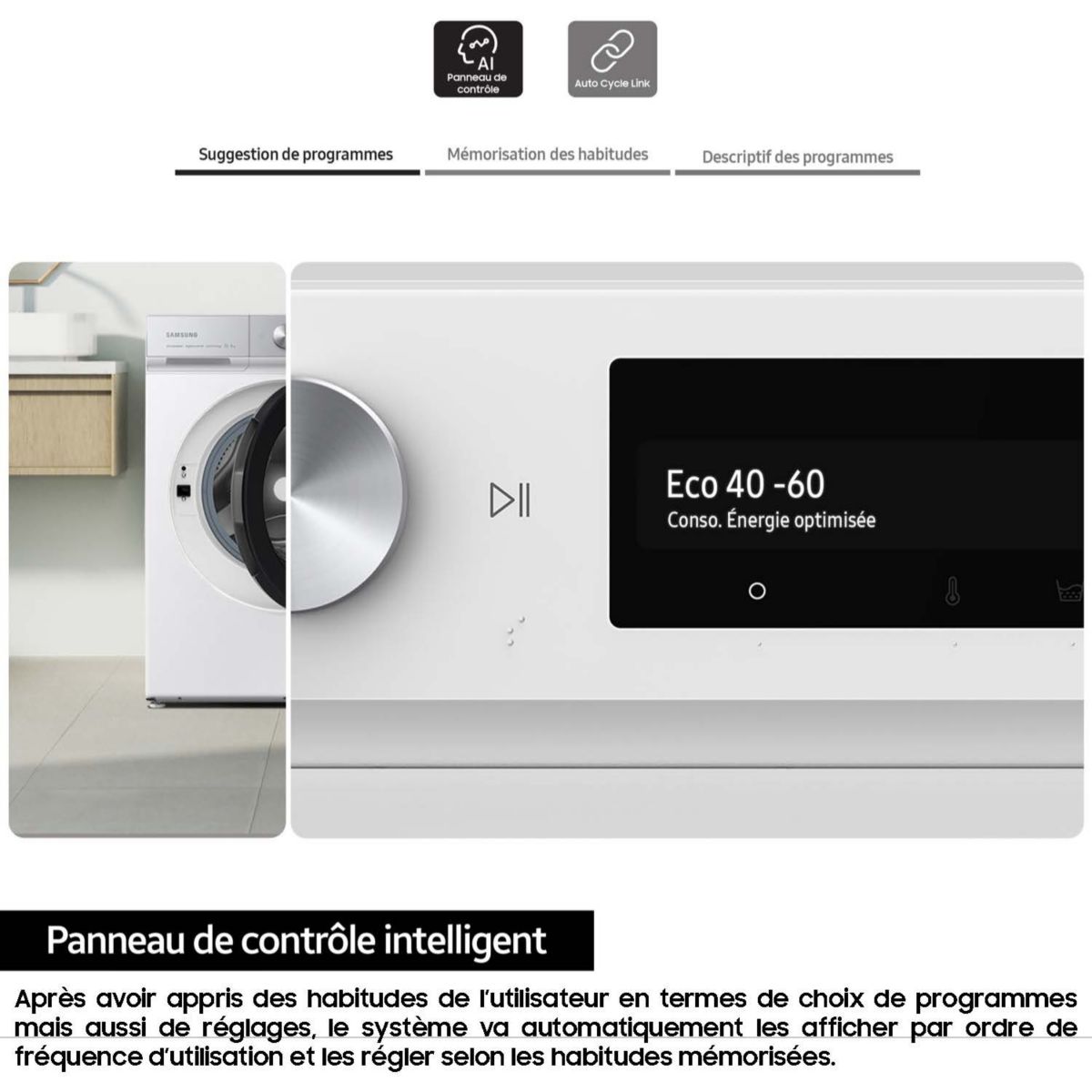 Lave linge hublot WW90DG6U85LK Bespoke AI couleur unique, SAMSUNG