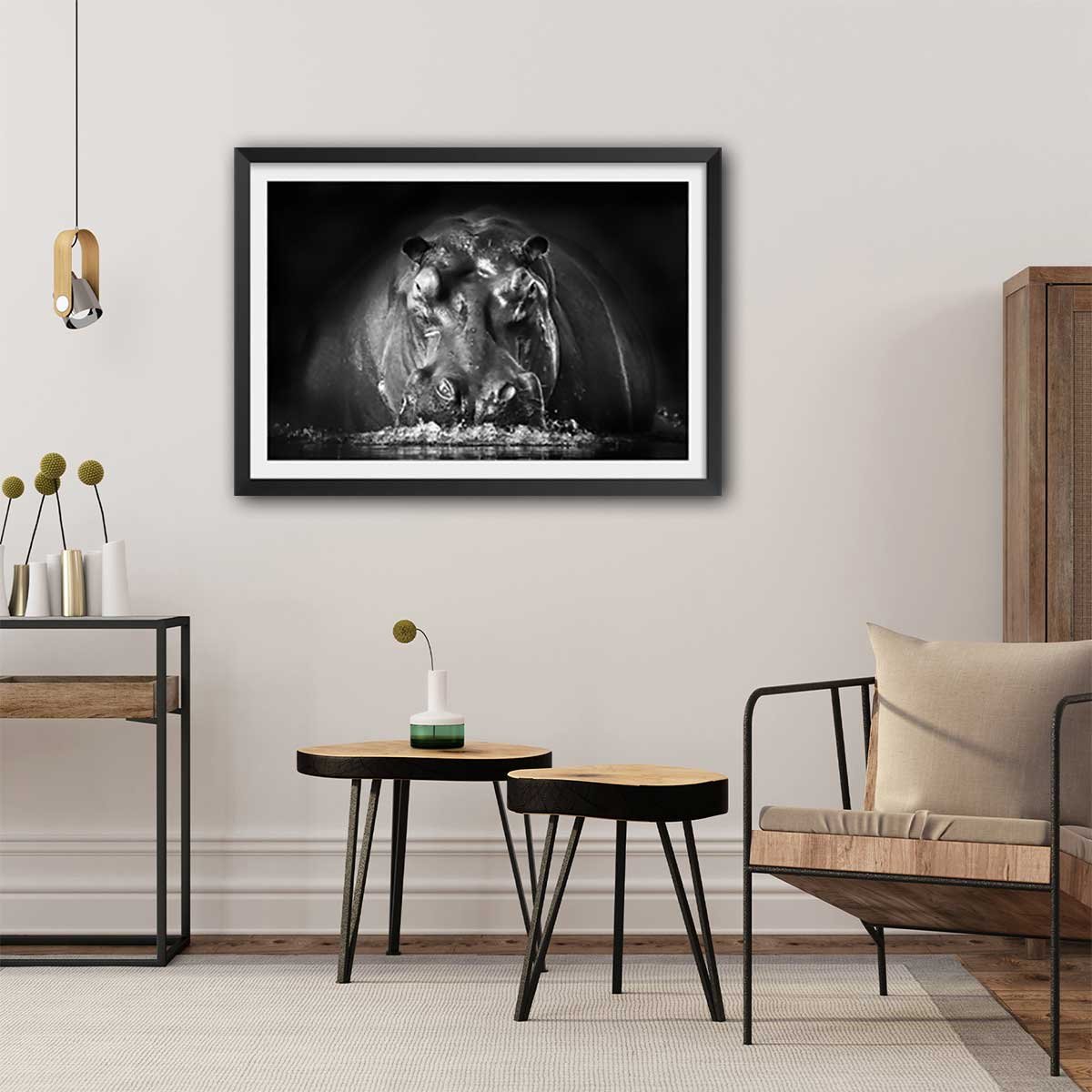 Affiche animaux portrait hippo affiche + cadre en bois - noir, HEXOA