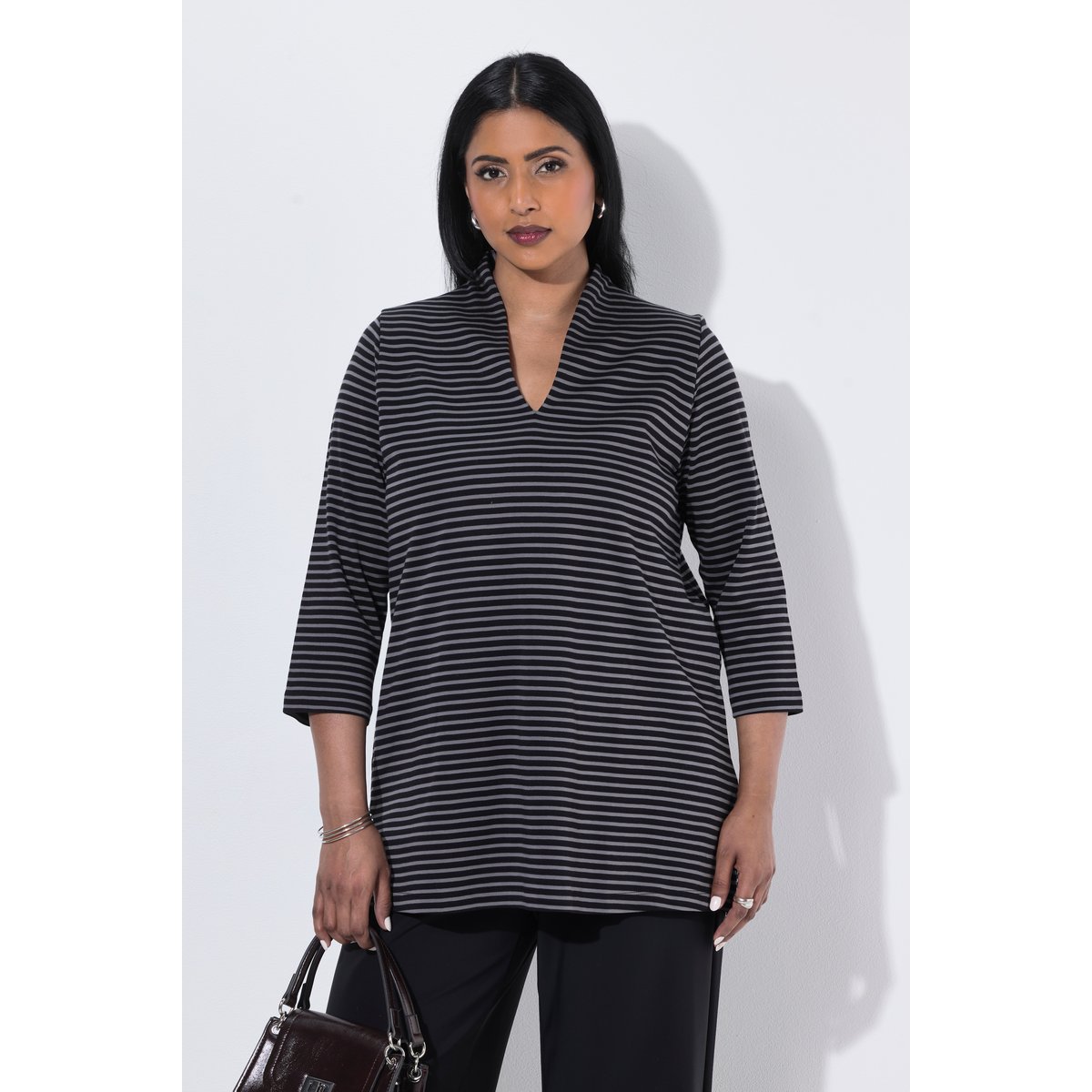 T-shirt, rayé, col jabot, manches 3/4 noir, ULLA POPKEN