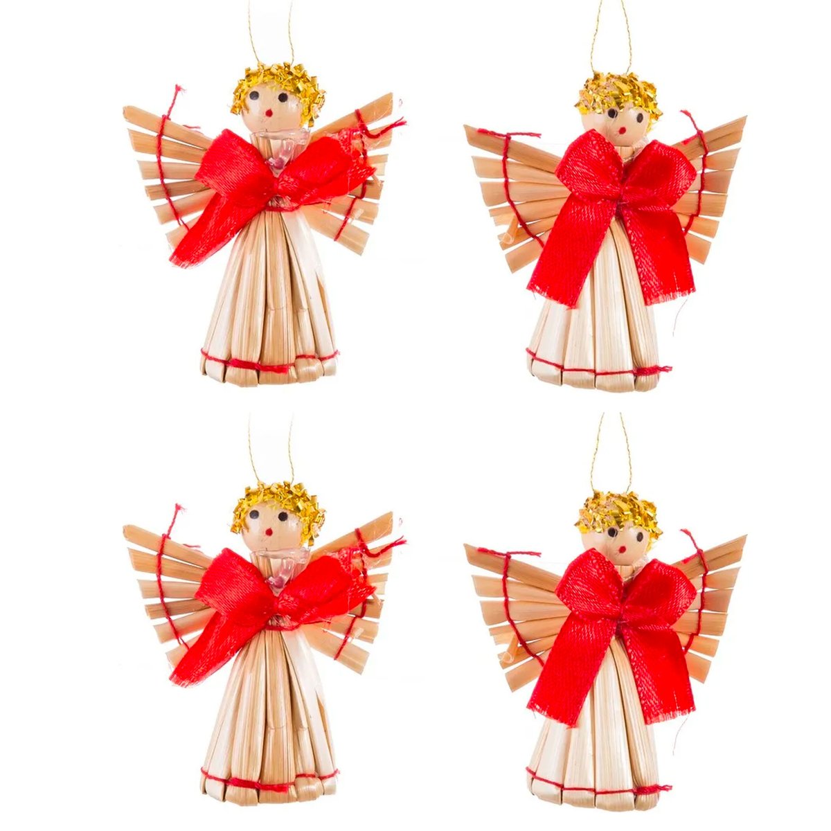Set de 4 anges en paille décoration sapin de noël 6x2.5x13cm rouge, WADIGA