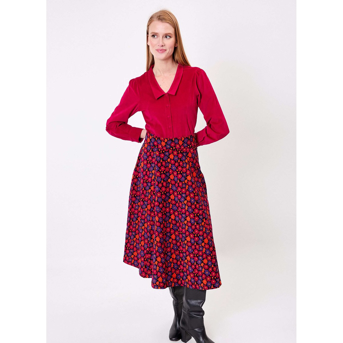 Chemisier velours côtelé col V VICTOIRE rouge framboise, PRINCESSE NOMADE