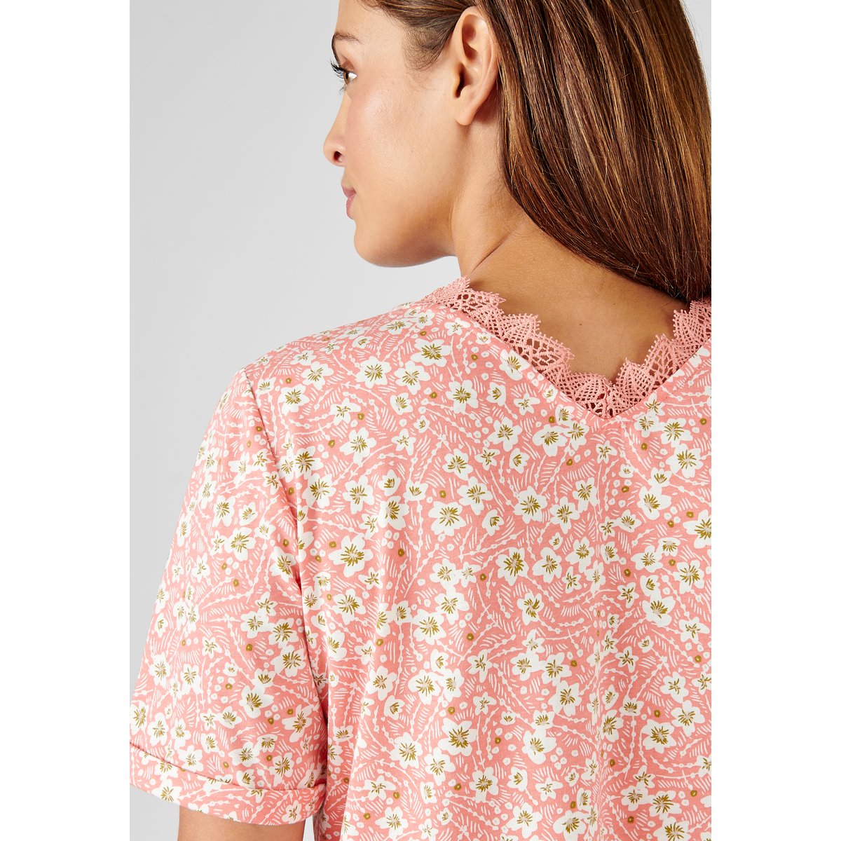 Tee-shirt imprimé détails dentelle orange corail fleuri, DAMART