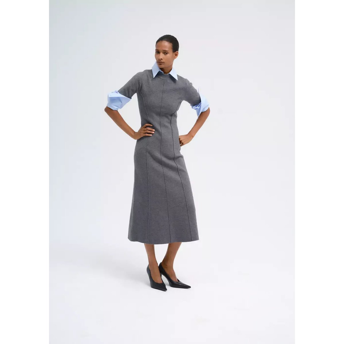 Robe midi évasée gris chiné moyen, MANGO