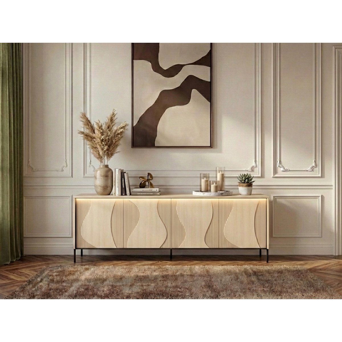 Buffet bas en panneaux de particules et MDF 4 portes 193 cm, FLORE noir et chêne, BOBOCHIC