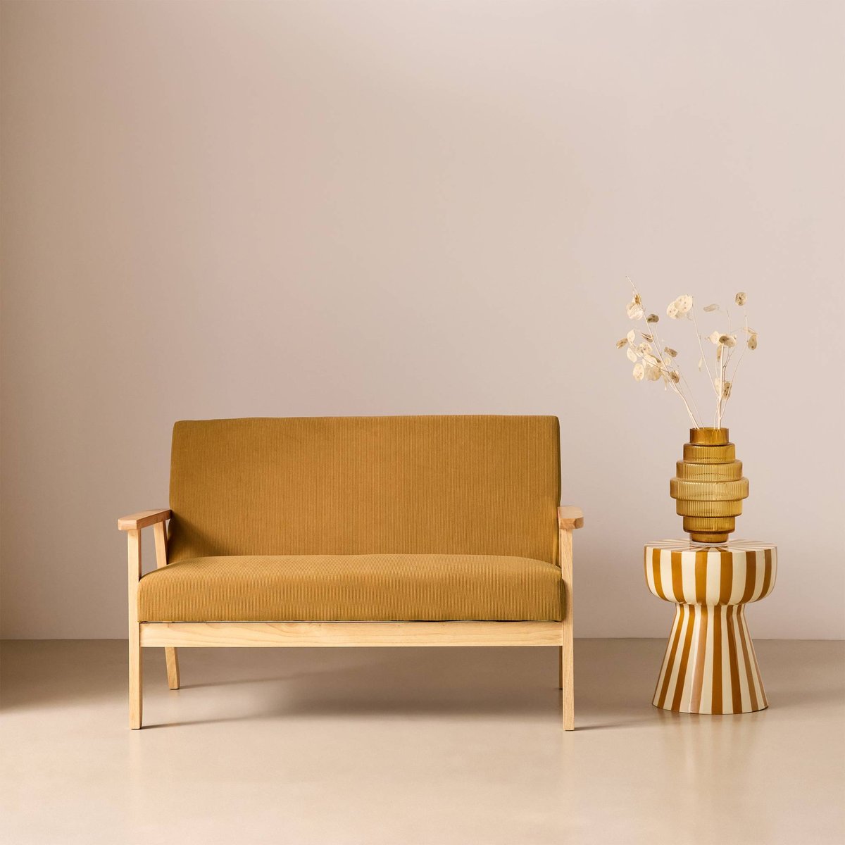 Canapé banquette 2 places bois d'hévéa velours côtelé ISAK taupe, SWEEEK