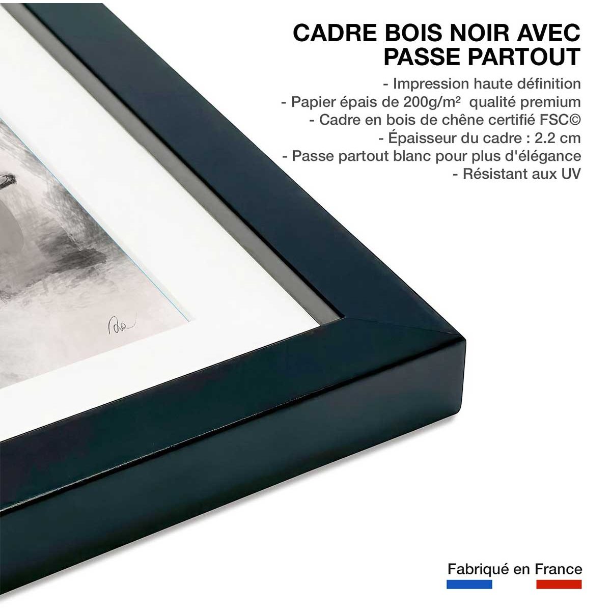 Affiche Eclats et courbe affiche + cadre en bois - noir, HEXOA