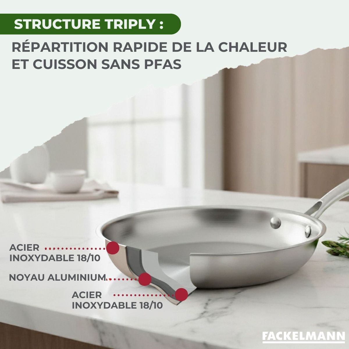 Poêle à Frire 26 cm et Gril 28 cm inox 18/10 Triply VITA3 gris, FACKELMANN