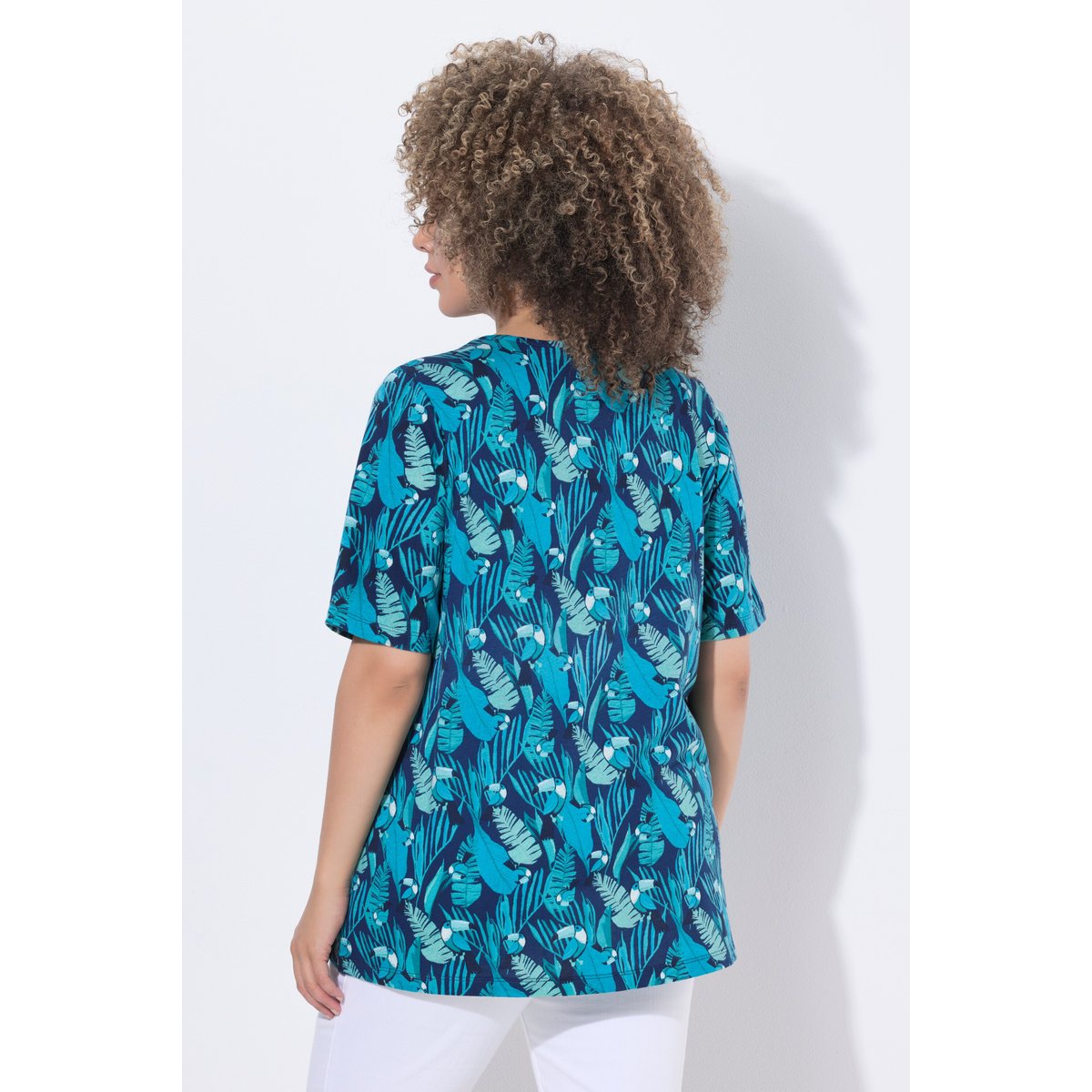 T-shirt motif toucans, plis fantaisie bleu encre, ULLA POPKEN