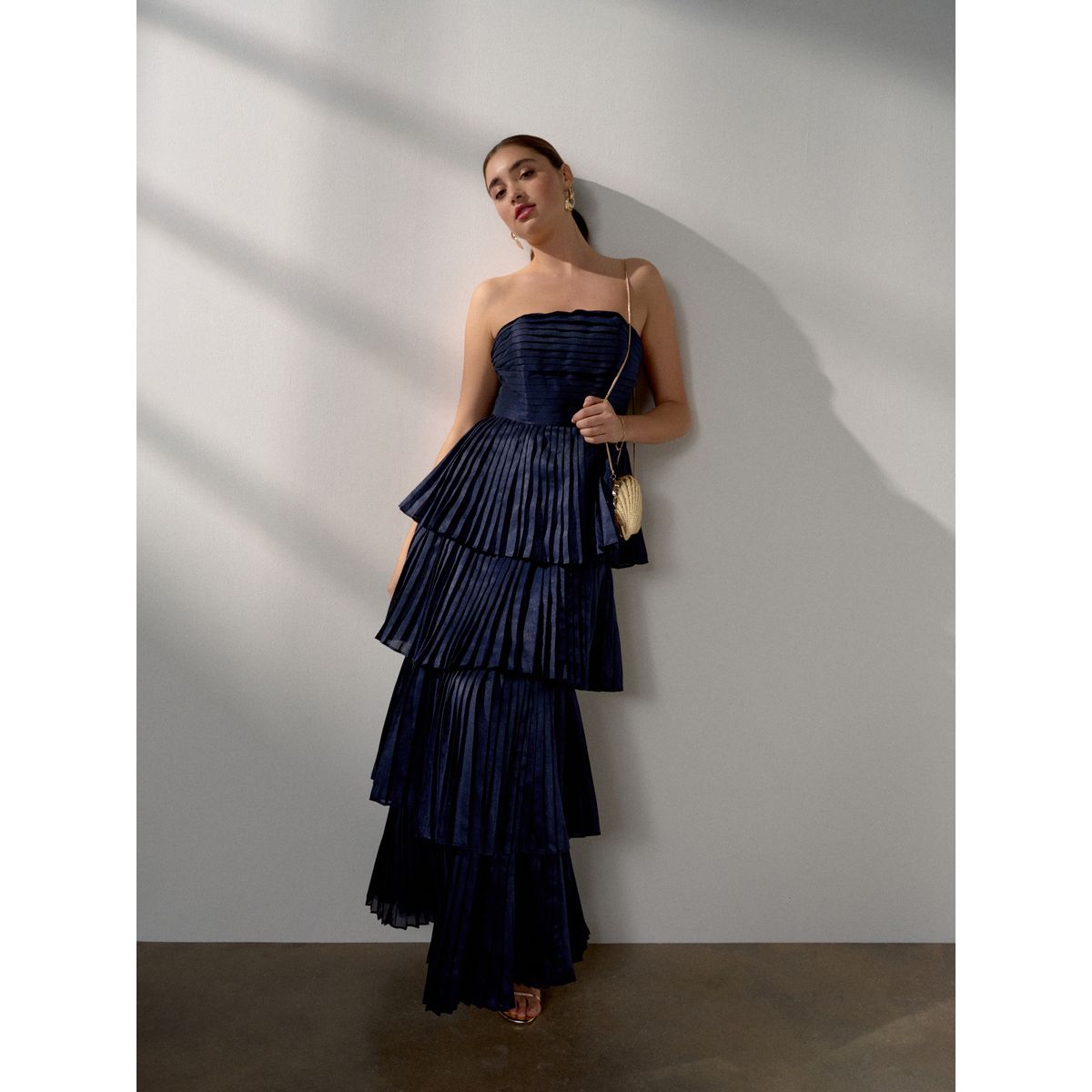 Robe longue bandeau plissée bleu marine, NEXT