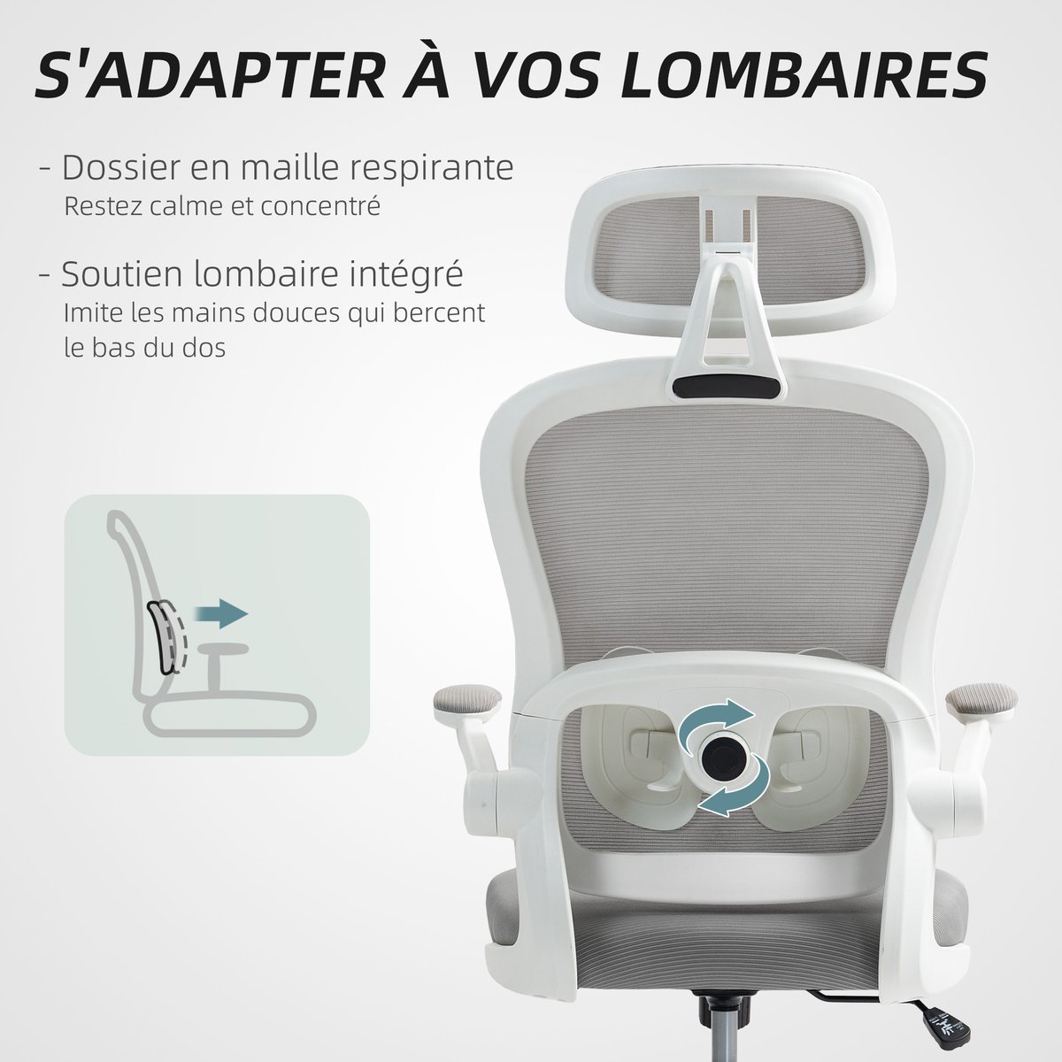 Chaise de bureau Maille (100 % polyester) gris, blanc, HOMCOM