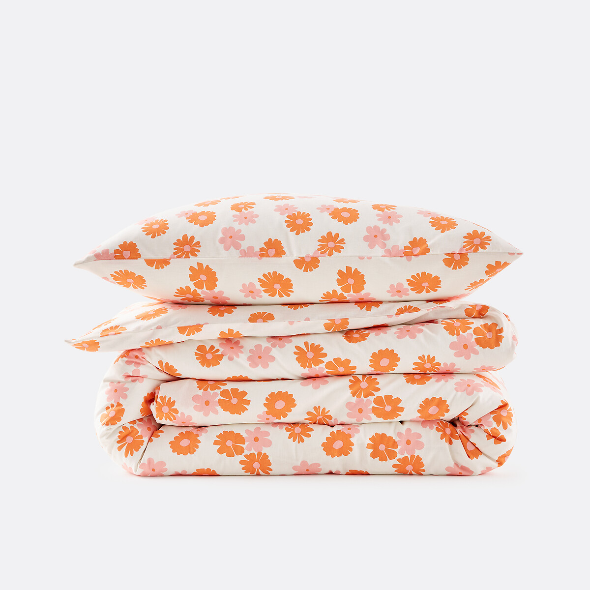 Parure de lit enfant 50% coton recyclé, taie carrée, MARGUERITES orange/rose, LA REDOUTE INTERIEURS