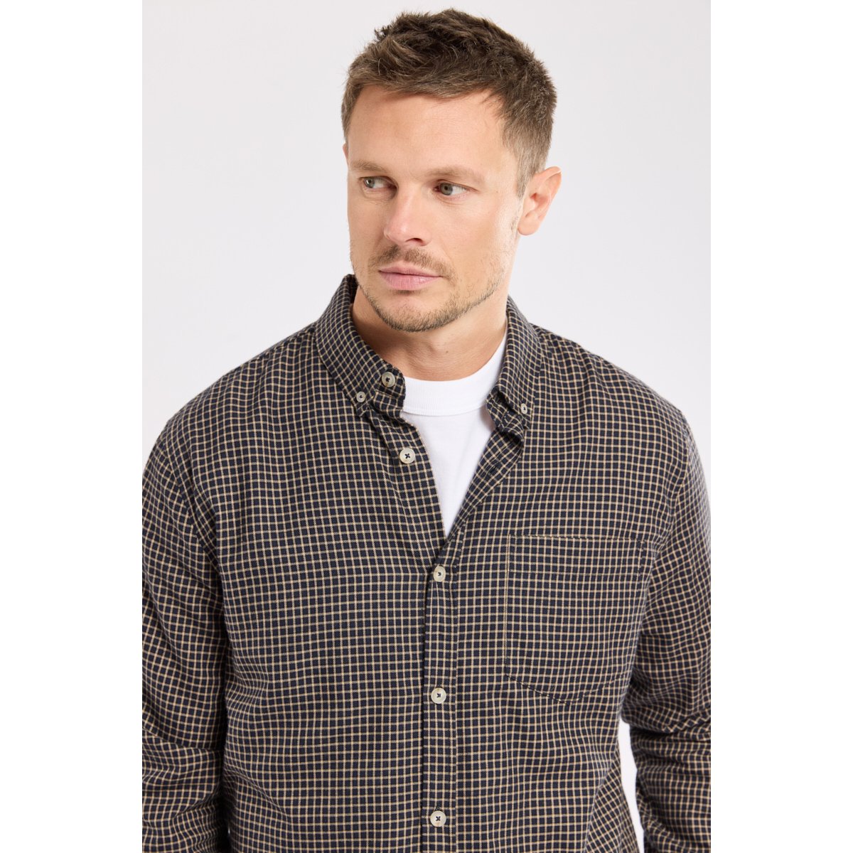 Chemise coupe droite HERITAGE en coton flanelle pour homme carreaux marine/beige, ARMOR-LUX