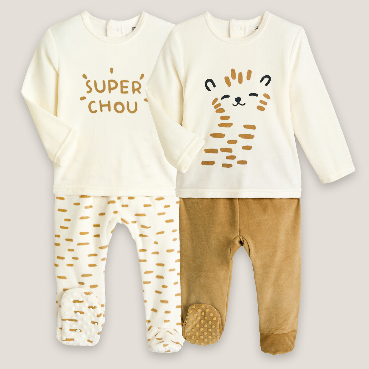 Lot de 2 pyjamas 2 pièces en velours ecru/jaune, LA REDOUTE COLLECTIONS