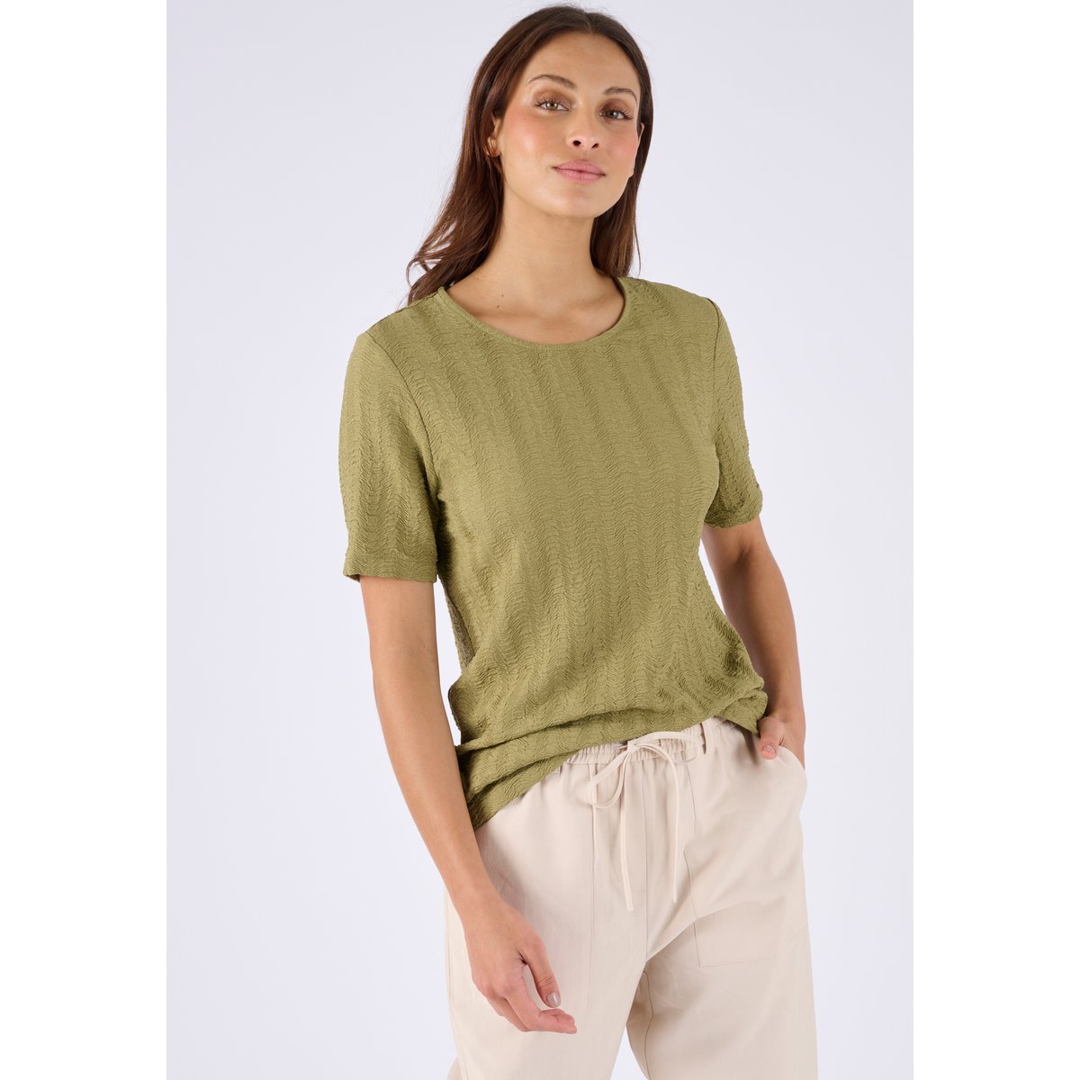 T-shirt maille jacquard effet froissé vert kaki grisé, DAMART