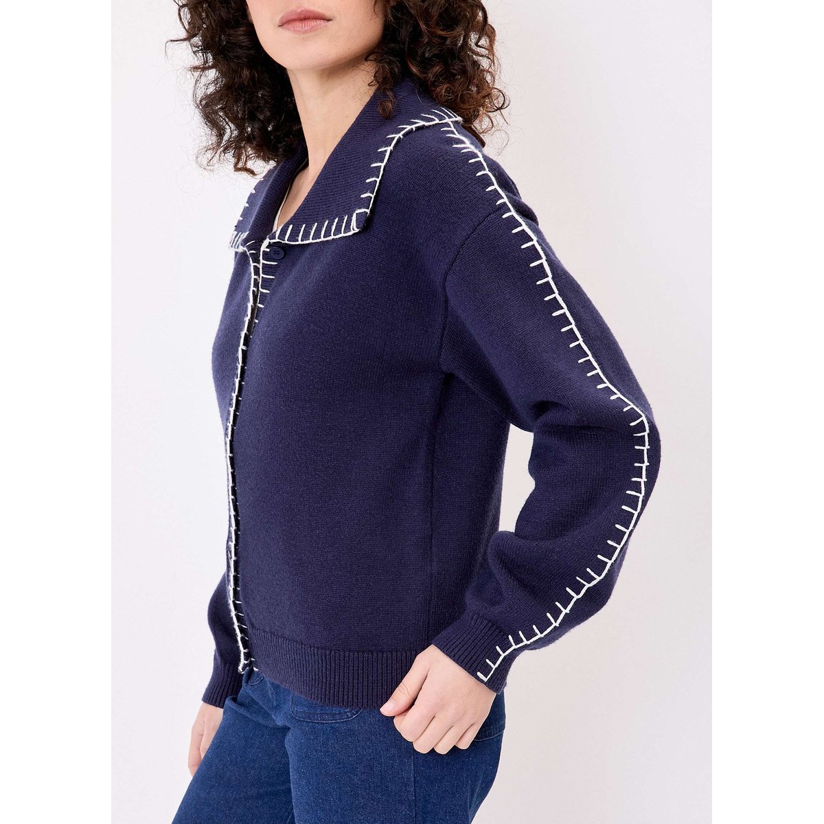 Gilet maille col chemise CATORI bleu marine, LA FIANCÉE