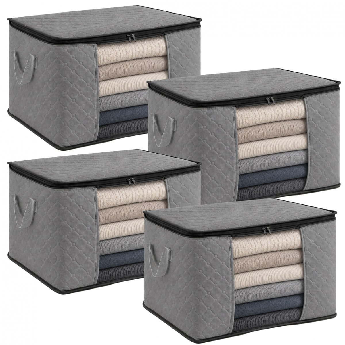 Lot de 4 sacs de rangement pliable pour vêtements, linge de maison avec poignées gris, VIVEZEN