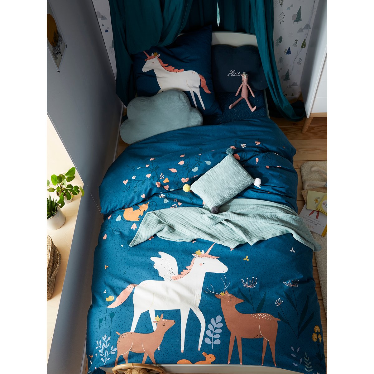 Parure housse de couette + taie d'oreiller FORET ENCHANTEE bleu, VERTBAUDET