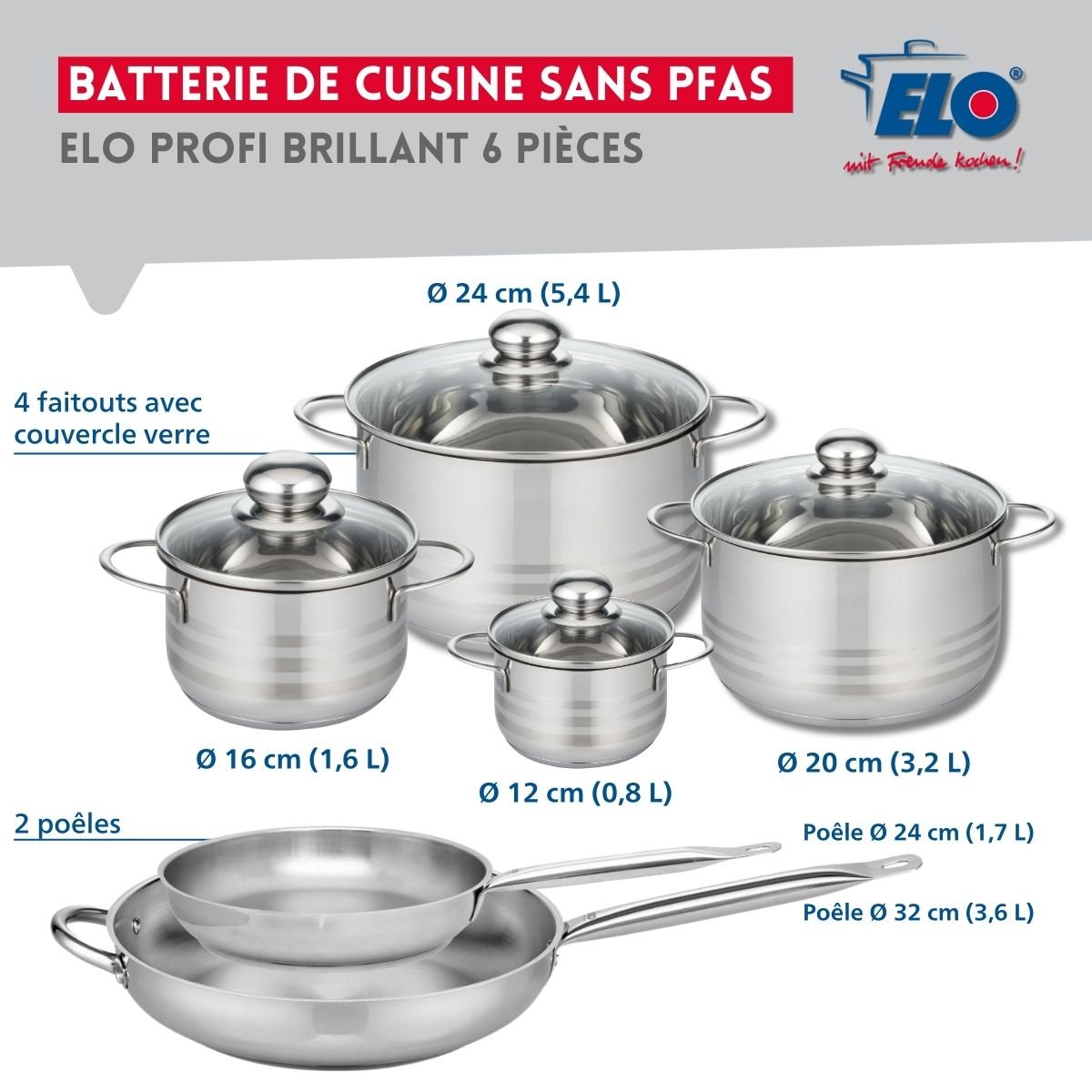 2 poêles 24/32cm + 4 faitouts 12/16/20/24cm PROFI BRILLANT gris, ELO