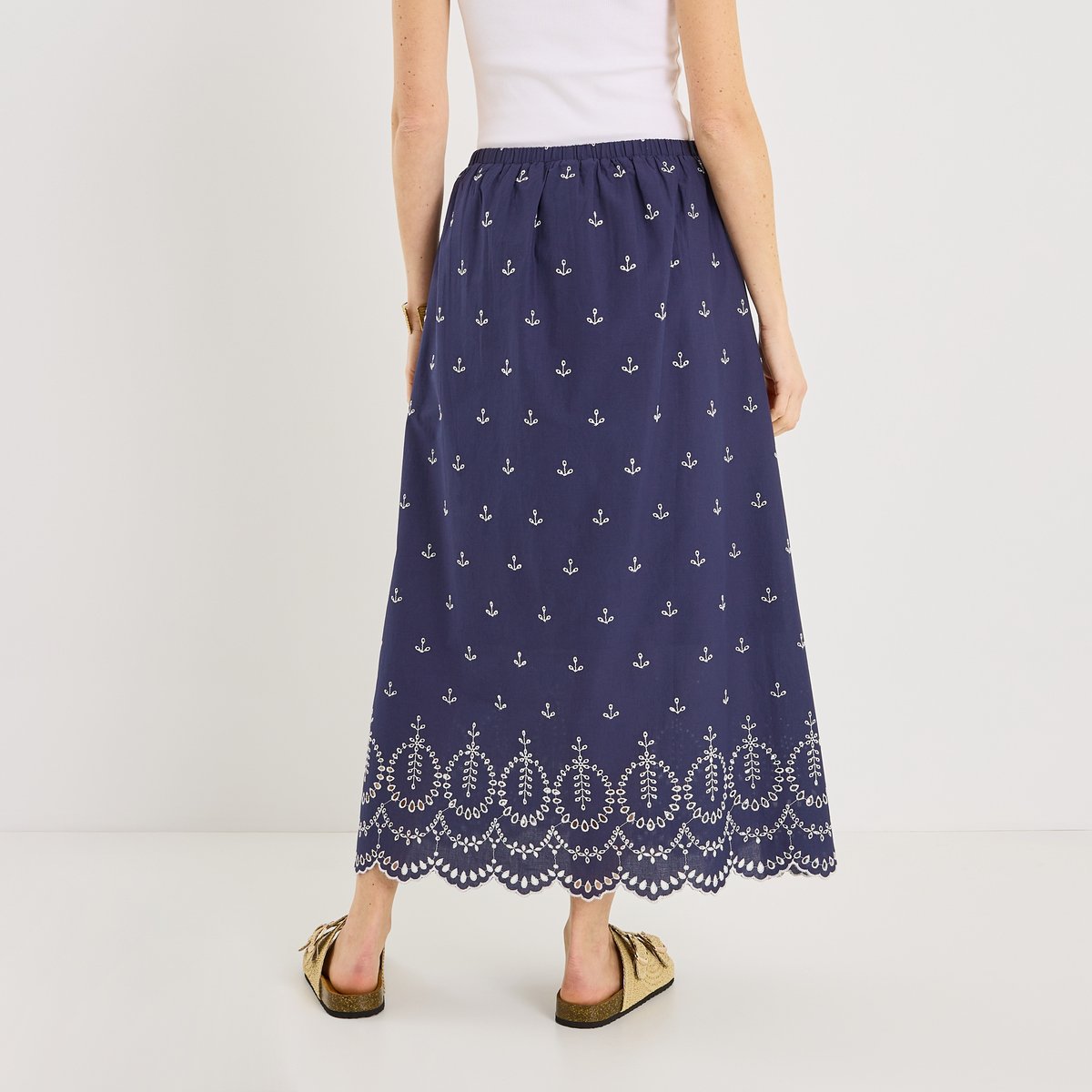 Jupe longue fluide broderie anglaise bleu marine, GRAIN DE MALICE