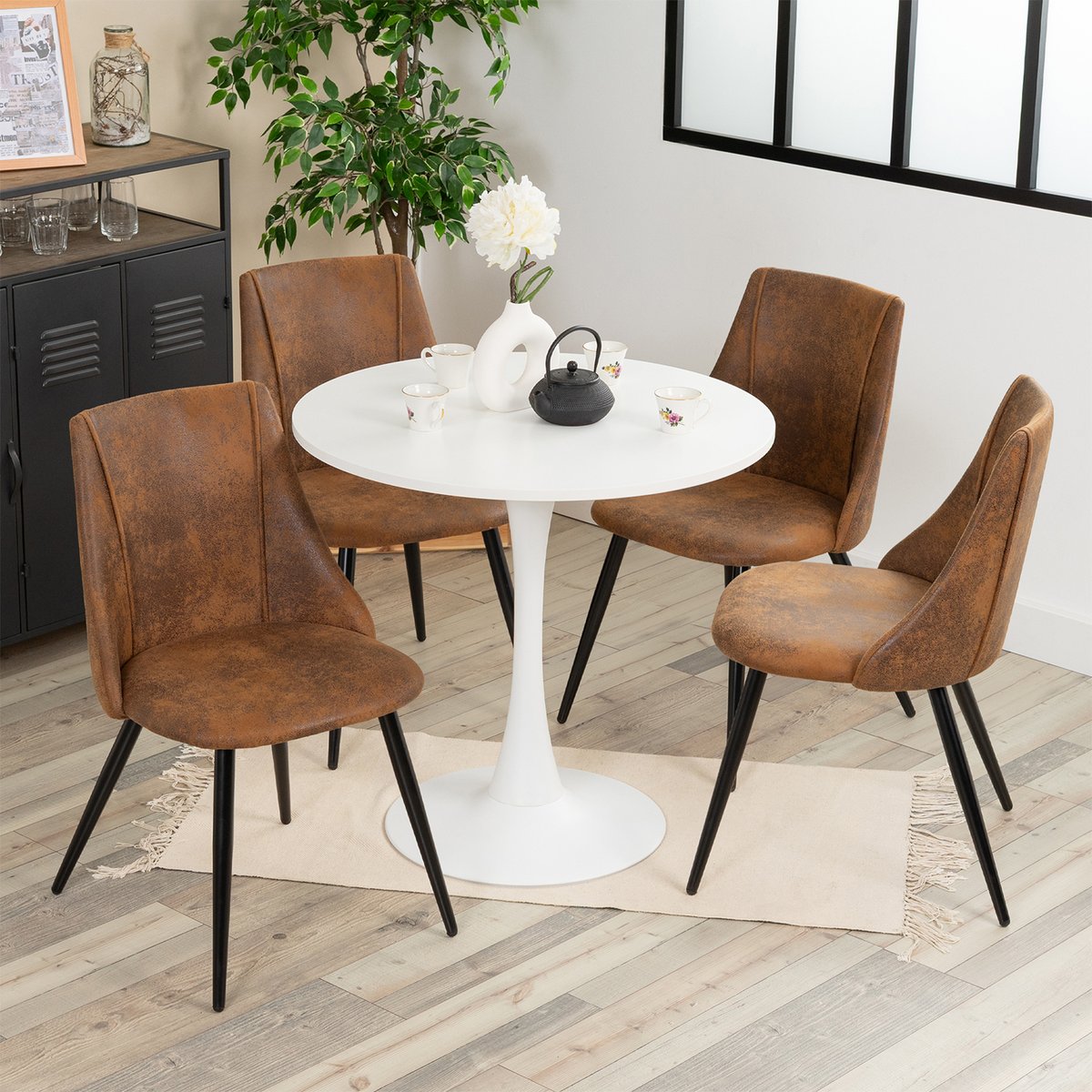 Ensemble table à manger ronde avec 4 chaises, CLIFTWHITESET brown, MEUBLES COSY