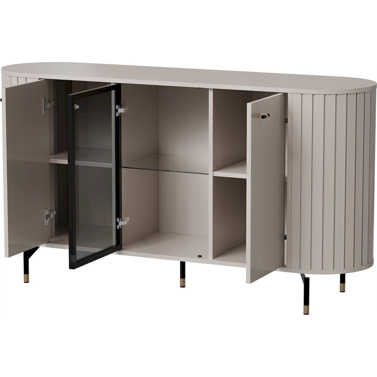 Buffet bas cannelé porte vitrée collection ZANTE gris beige, RECOLLECTION