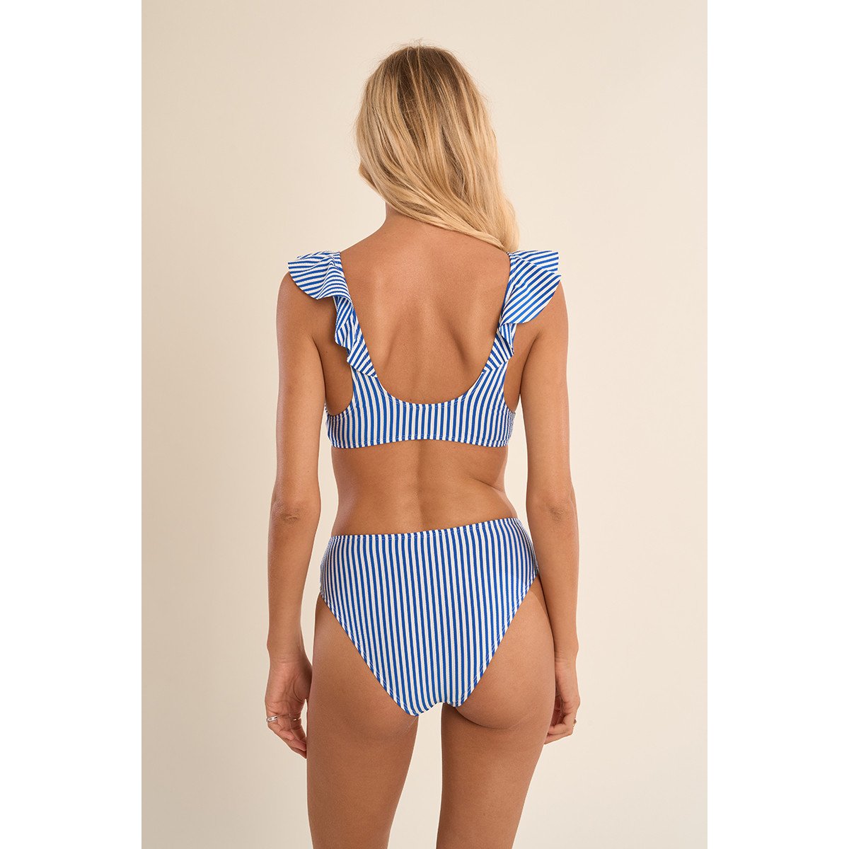 Haut de maillot de bain volanté, rayé bleu, MOLLY BRACKEN