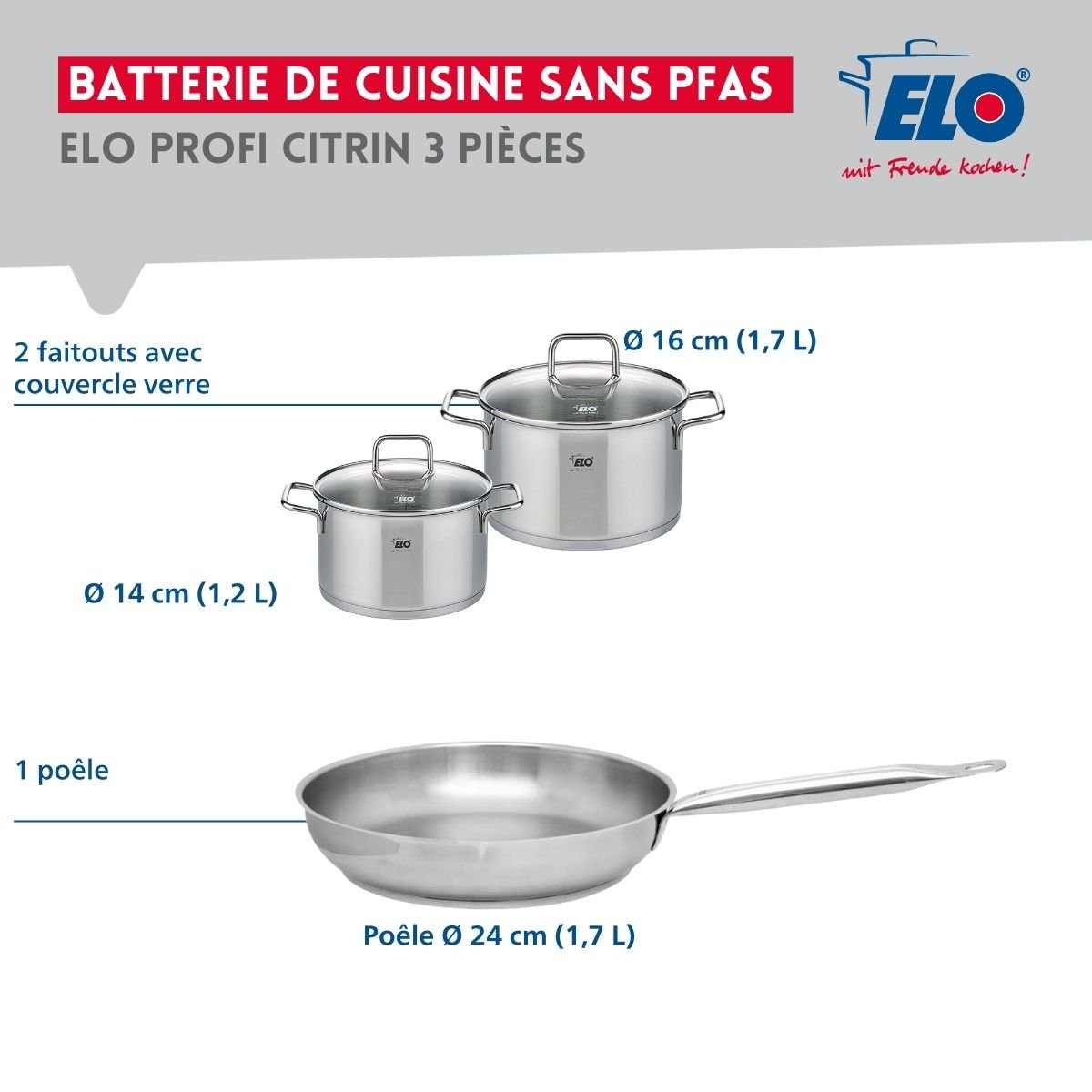 Batterie 1 poêle 24cm + 2 faitouts 14/16cm PROFI CITRIN gris, ELO