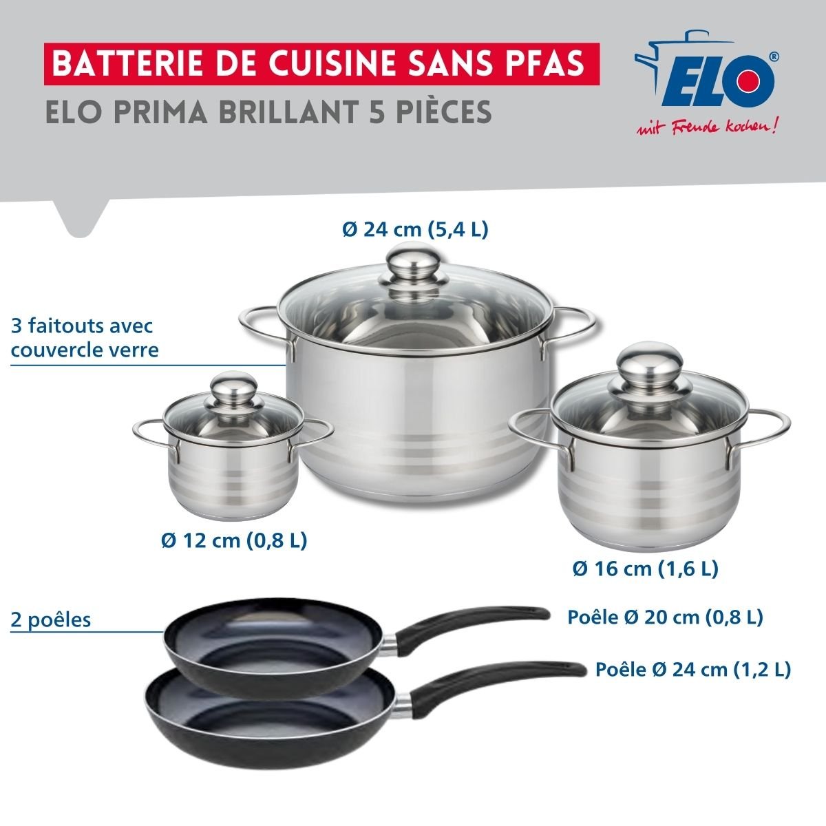 Batterie 2 poêles 20/24cm + 3 faitouts 12/16/24cm PRIMA BRILLANT noir, ELO