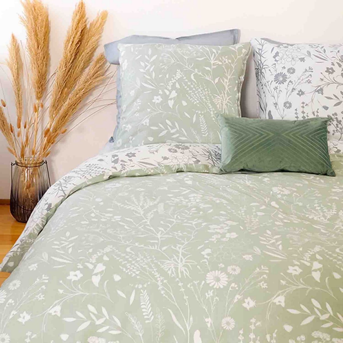 Parure de lit - housse de couette en satin de coton imprimée vert, EDEN