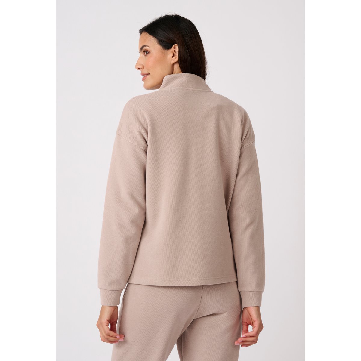 Sweat-shirt col montant pressionné côtes 1x1 gris taupe, DAMART