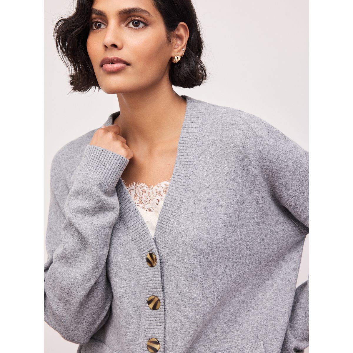 Cardigan mi-long ultra-doux à col v gris chiné, NEXT
