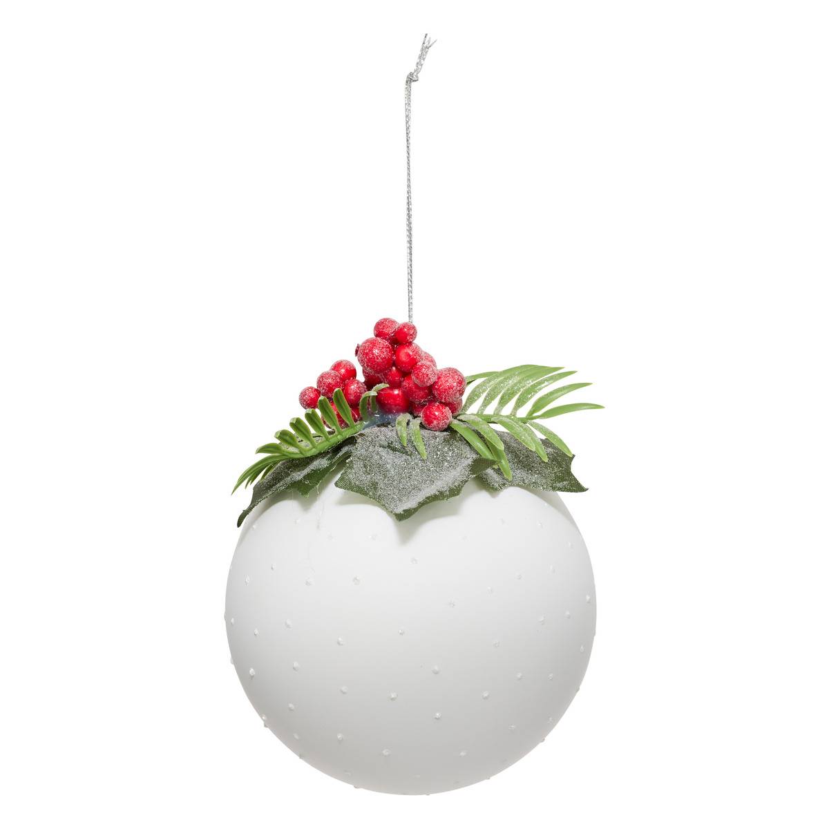 Boule verre décor houx D.10 cm blanc, FEERIC LIGHTS & CHRISTMAS