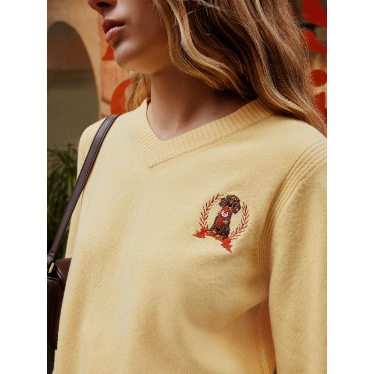 Pull ultra-doux à manches longues et col v chien jaune brodé, NEXT